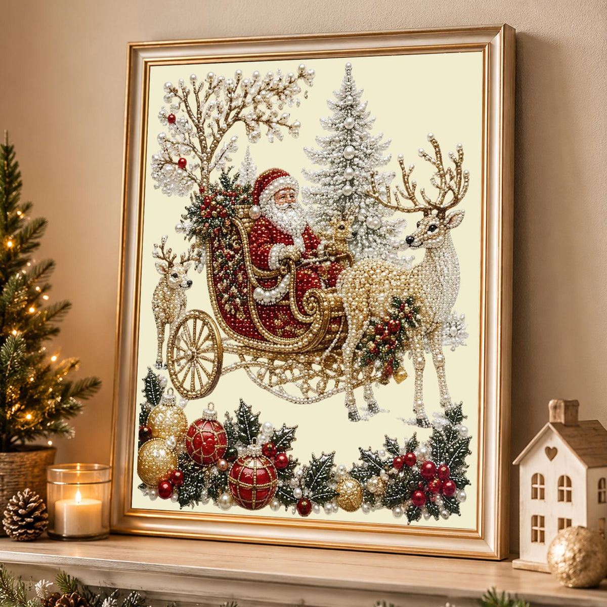 Cream and Crimson Santa Sleigh pearl painting – image 4