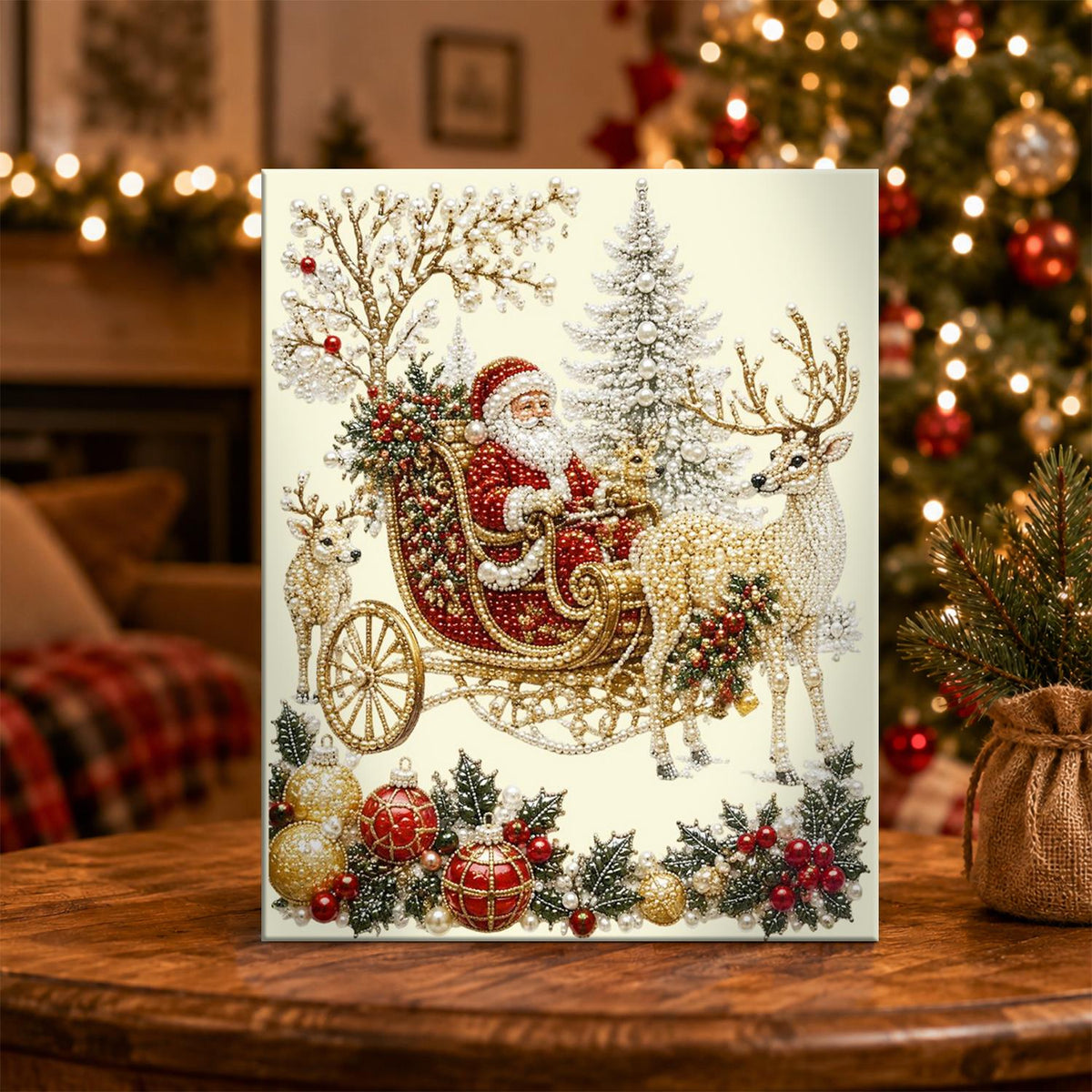 Cream and Crimson Santa Sleigh pearl painting – image 5