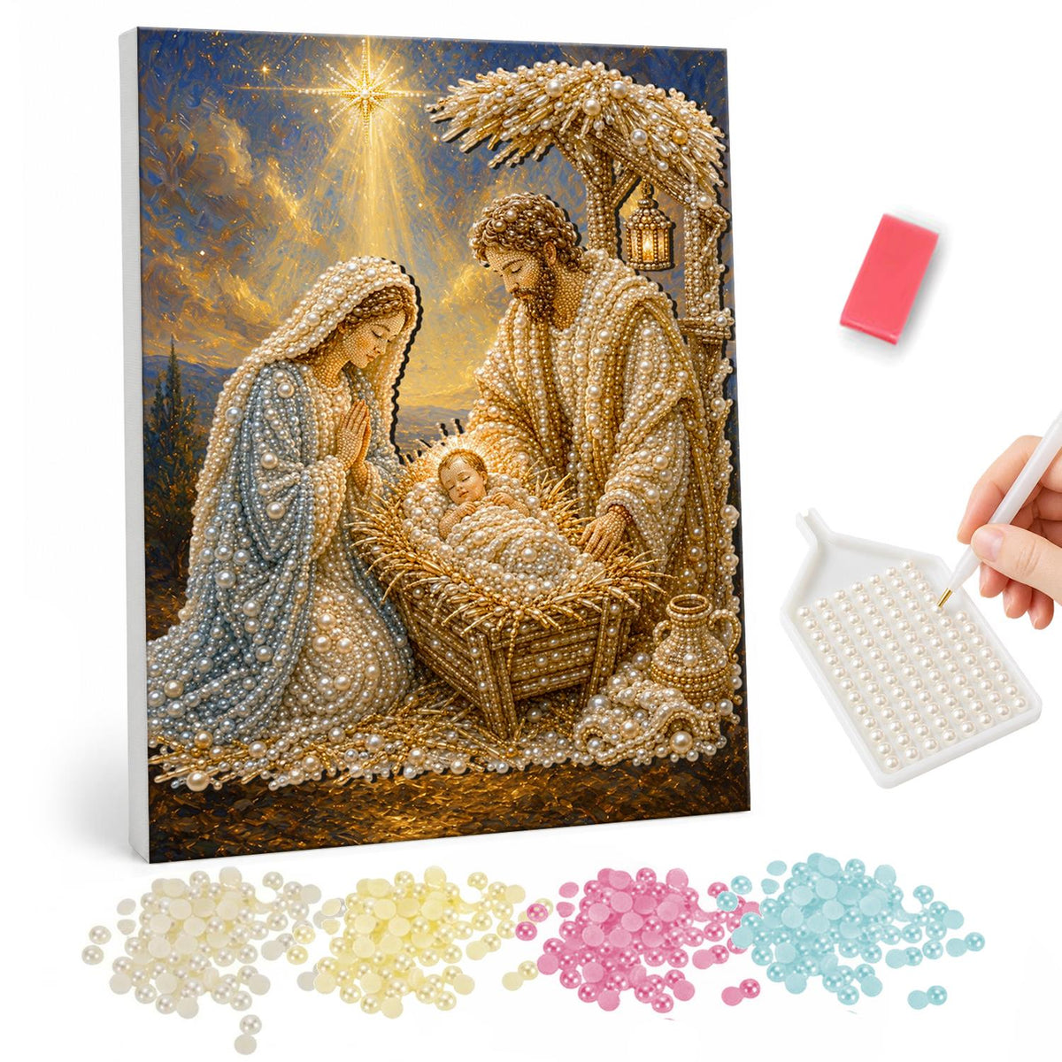 Golden Stable Nativity pearl painting – Mary and Joseph kneeling over the baby Jesus in a manger in a golden stable beneath a shining star