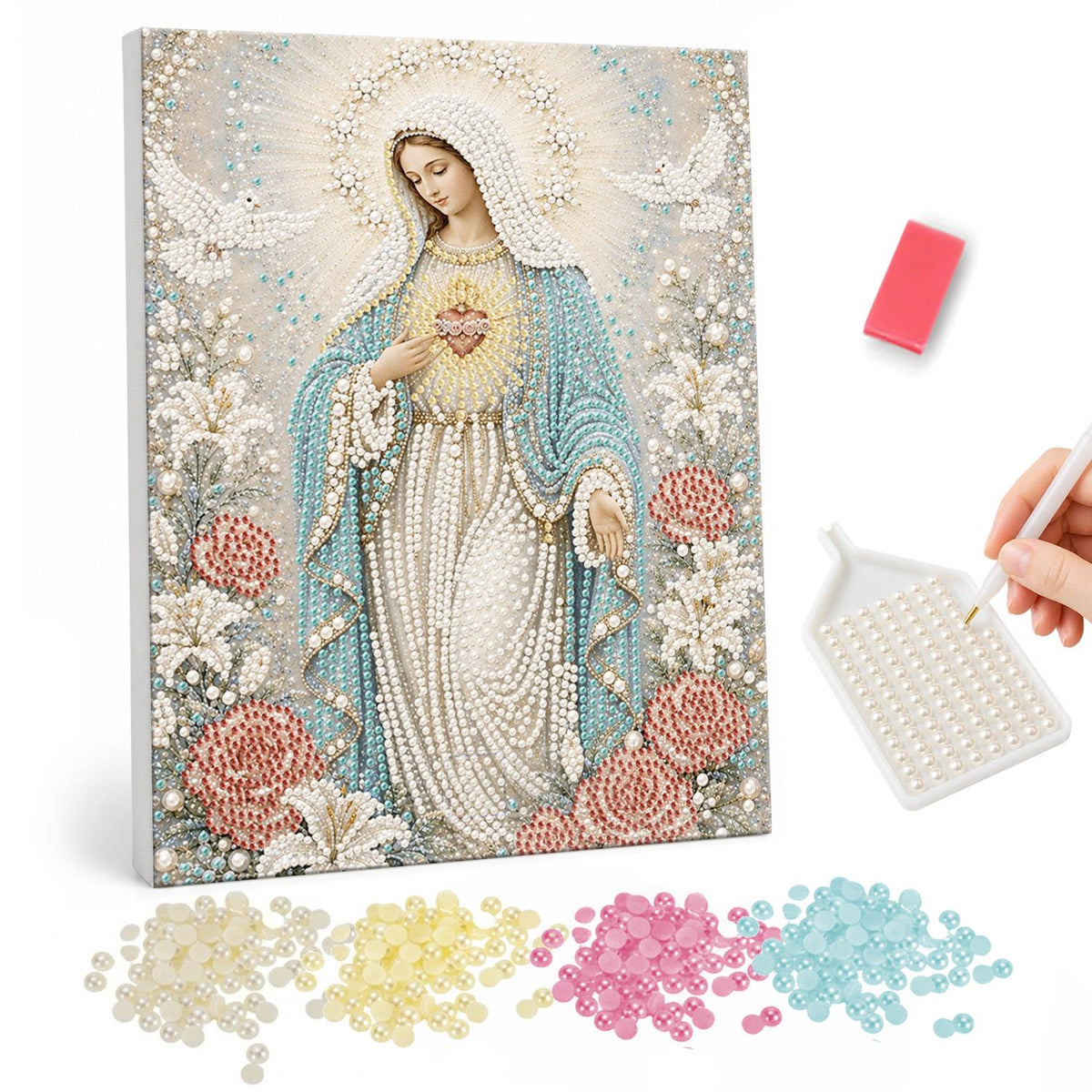 Madonna Among Doves and Roses pearl painting – Virgin Mary in white and blue robes with a glowing heart, surrounded by doves, lilies and pink roses