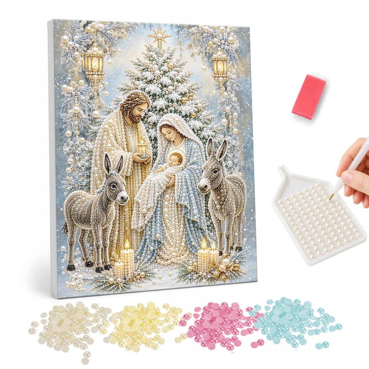 Silver Nativity with Donkeys pearl painting – Joseph and Mary holding the infant Jesus between two donkeys, with candles and a snowy Christmas tree behind