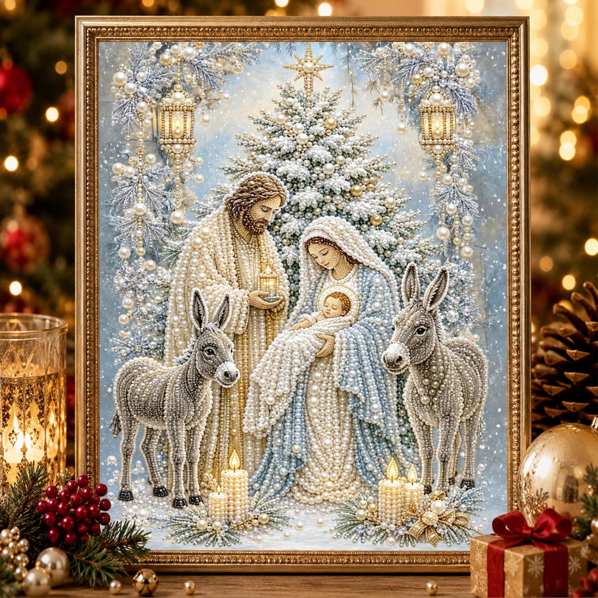 Silver Nativity with Donkeys pearl painting – image 2