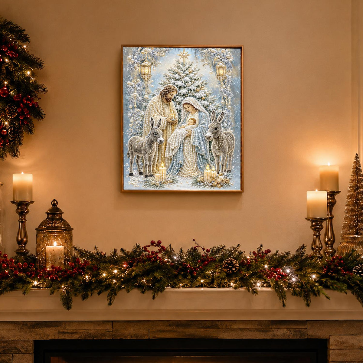 Silver Nativity with Donkeys pearl painting – image 3