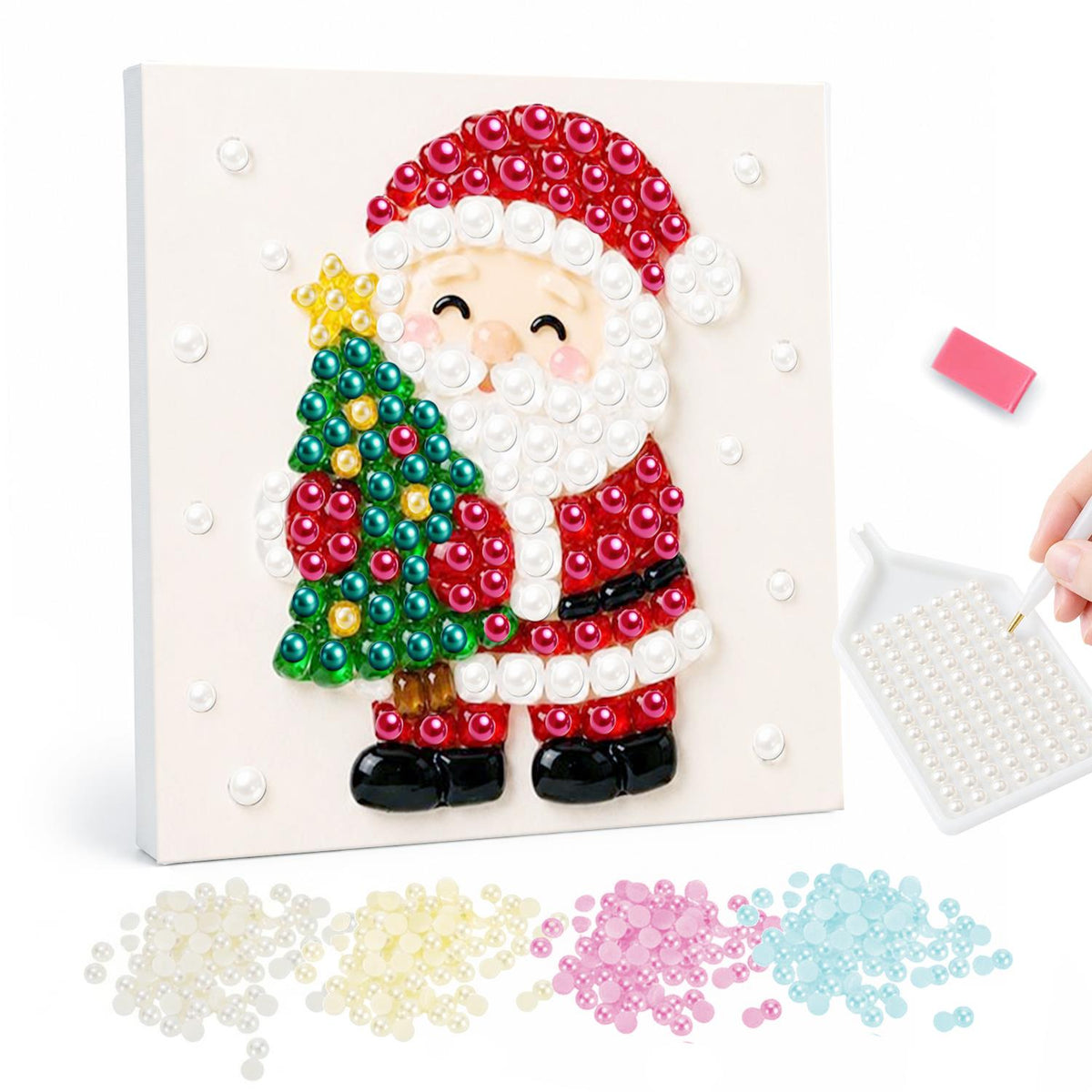 Santa Hugging a Starry Tree pearl painting – Cartoon Santa with closed smiling eyes hugging a star-topped Christmas tree, on a plain white background