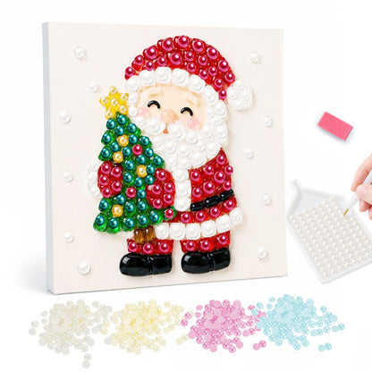 Santa Hugging a Starry Tree pearl painting – Cartoon Santa with closed smiling eyes hugging a star-topped Christmas tree, on a plain white background