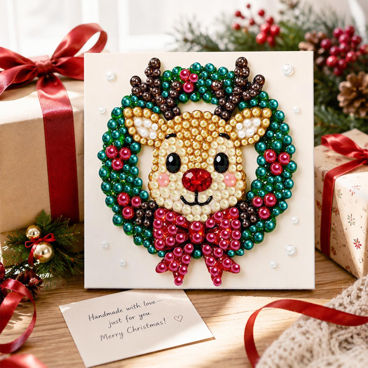 Reindeer Face in a Bowed Wreath pearl painting – image 2