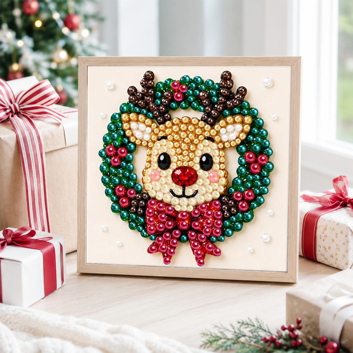 Reindeer Face in a Bowed Wreath pearl painting – image 4