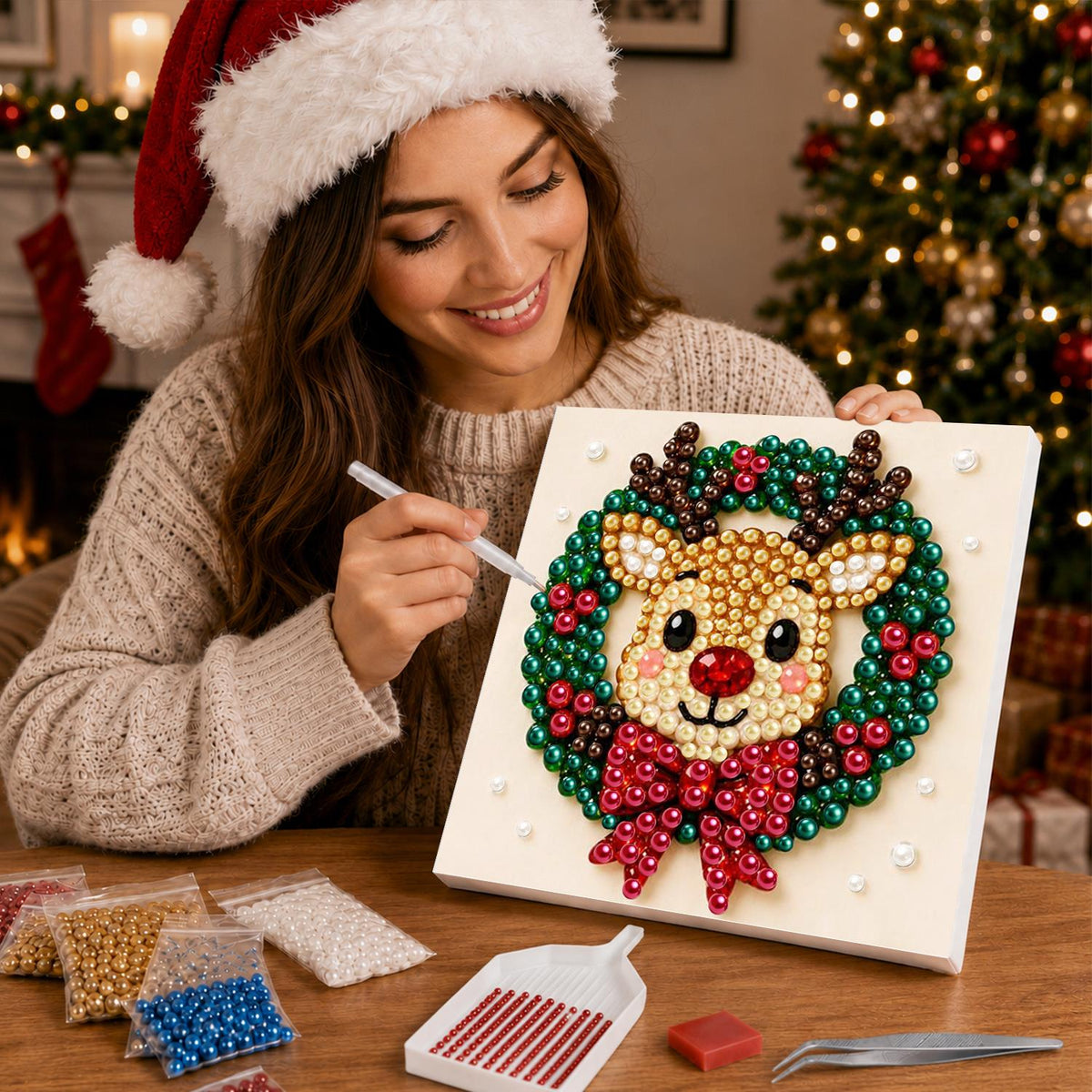 Reindeer Face in a Bowed Wreath pearl painting – image 16