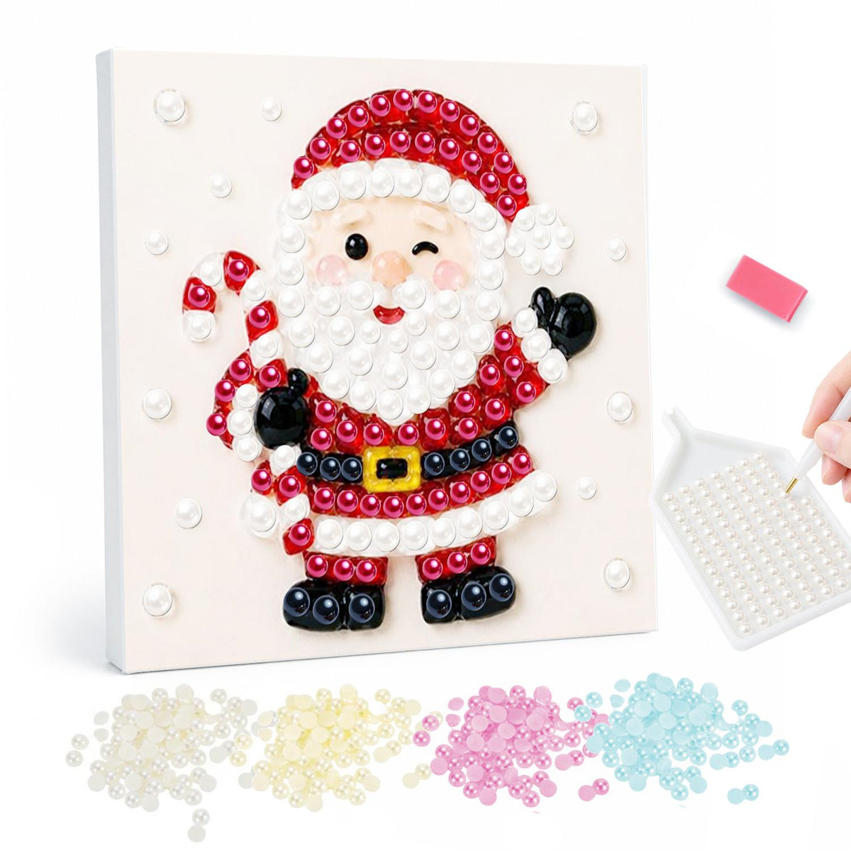 Winking Santa with Candy Cane pearl painting – Cartoon Santa winking and waving while holding a red and white candy cane