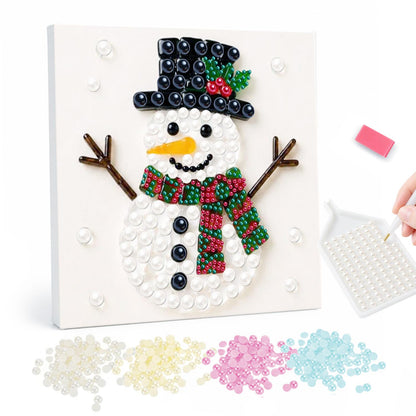 Top-Hat Snowman with Holly pearl painting – Cartoon snowman in a black top hat with holly, a red and green scarf and stick arms