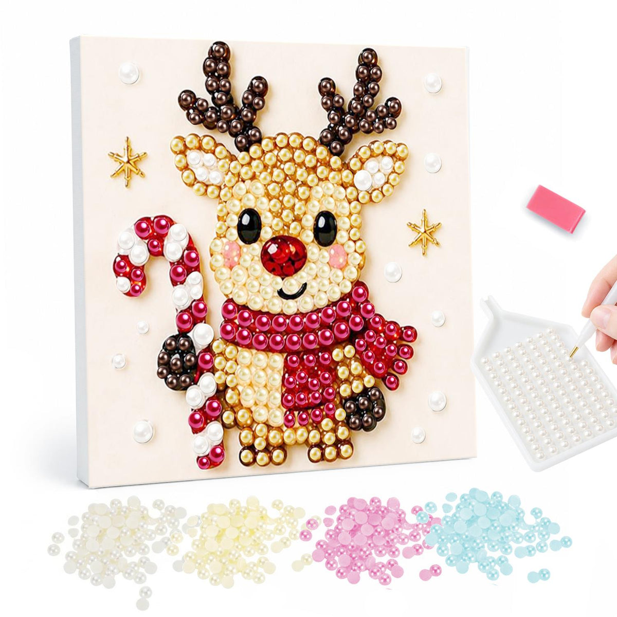 Candy Cane Reindeer in a Scarf pearl painting – Cartoon reindeer with a red nose and red scarf holding a candy cane, gold stars around