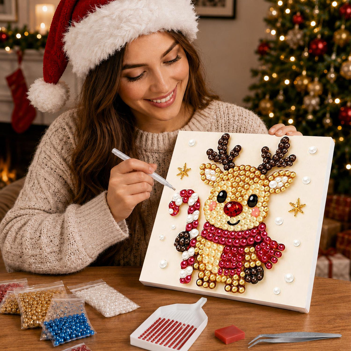 Candy Cane Reindeer in a Scarf pearl painting – image 16