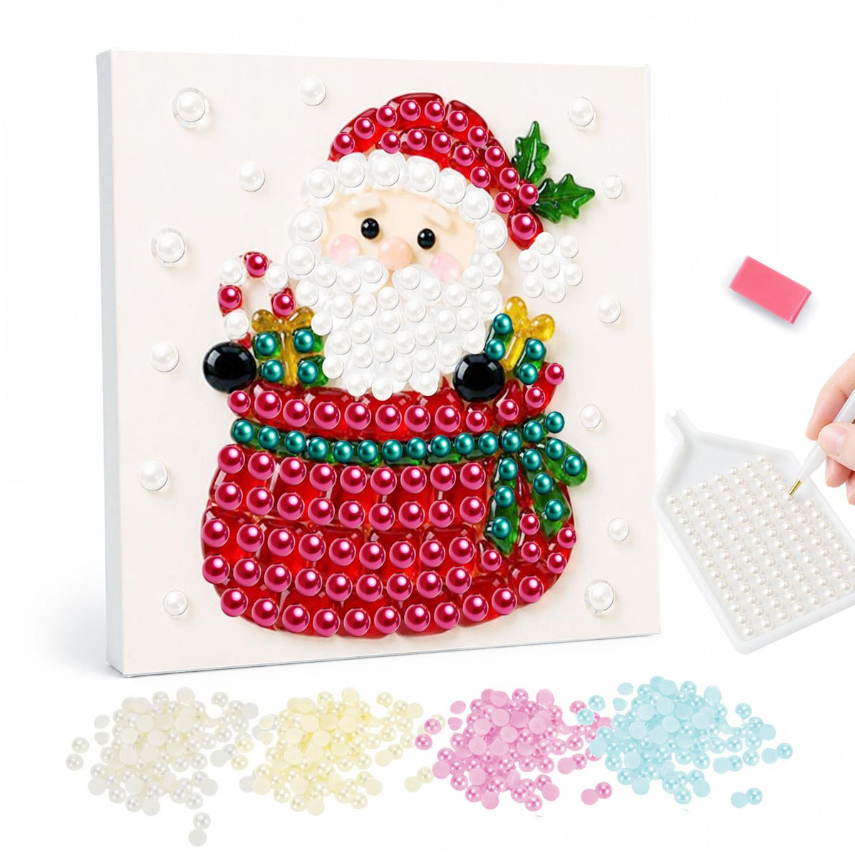 Santa Peeking From a Gift Sack pearl painting – Cartoon Santa popping out of a big red sack tied with green ribbon, gifts beside him