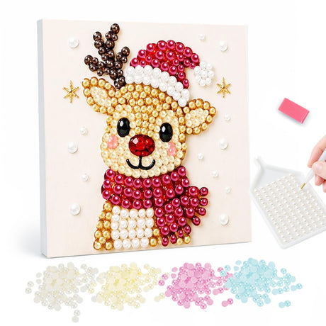 Reindeer in a Santa Hat pearl painting – Cartoon reindeer with a red nose wearing a Santa hat and a red scarf