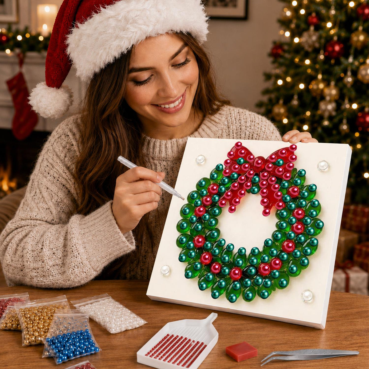 Berry Wreath with Red Bow pearl painting – image 16