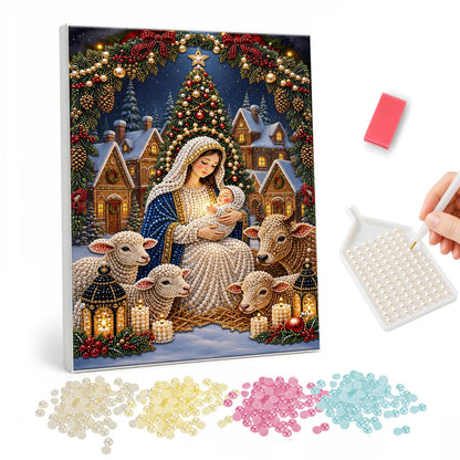 Madonna and Child with Lambs pearl painting – Mary in a blue mantle holding the infant Jesus among sheep and lanterns, a Christmas tree and village behind