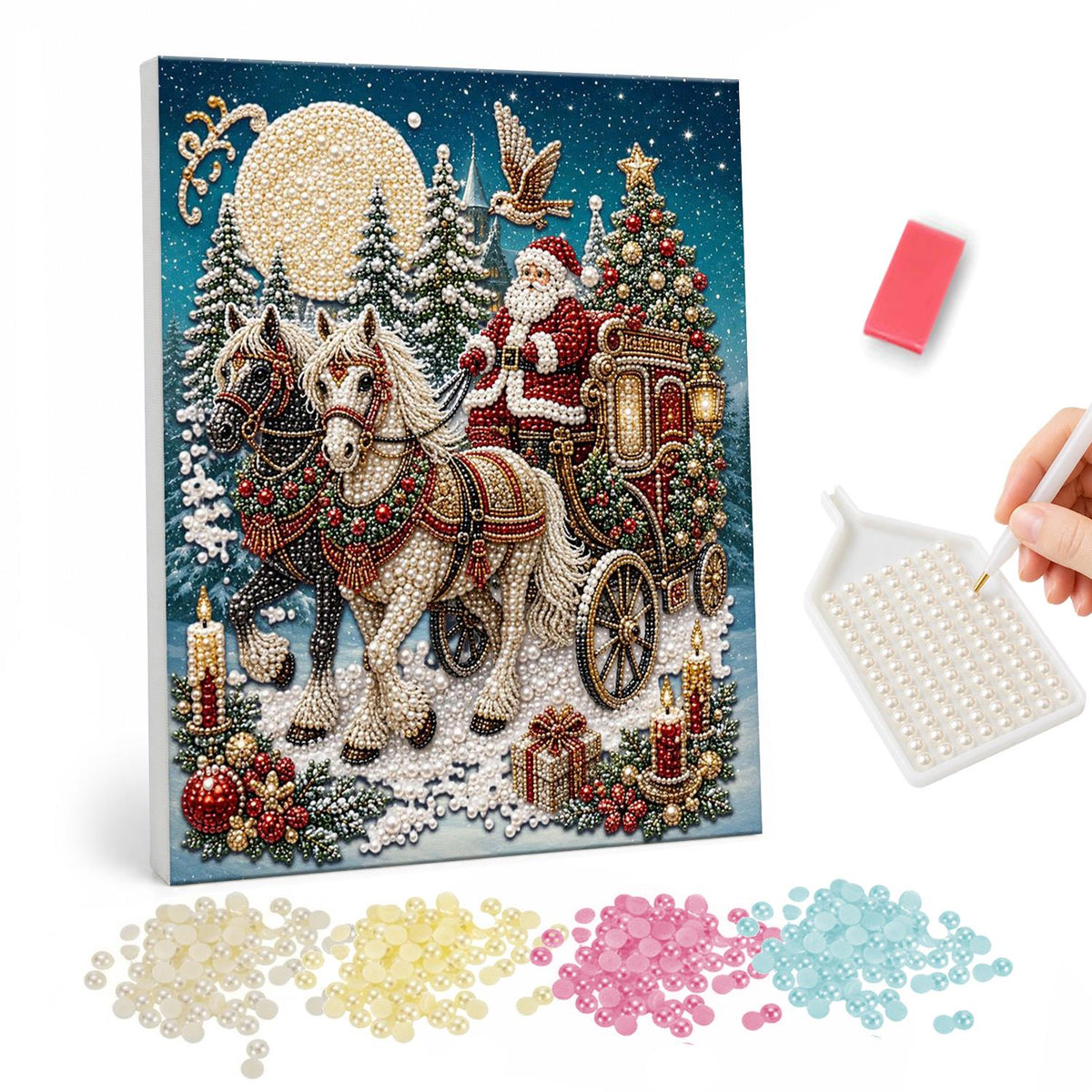 Santa's Horse-Drawn Carriage pearl painting – Santa riding in an ornate carriage pulled by two horses through a snowy forest under a full moon