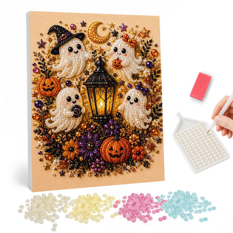 Little Ghosts Around a Lantern pearl painting – Four little ghosts, one in a witch hat, circling a glowing lantern among pumpkins and purple flowers