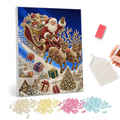 Santa's Sleigh Over the Rooftops pearl painting – Santa in his sleigh with reindeer flying over snowy village rooftops as gifts fall below