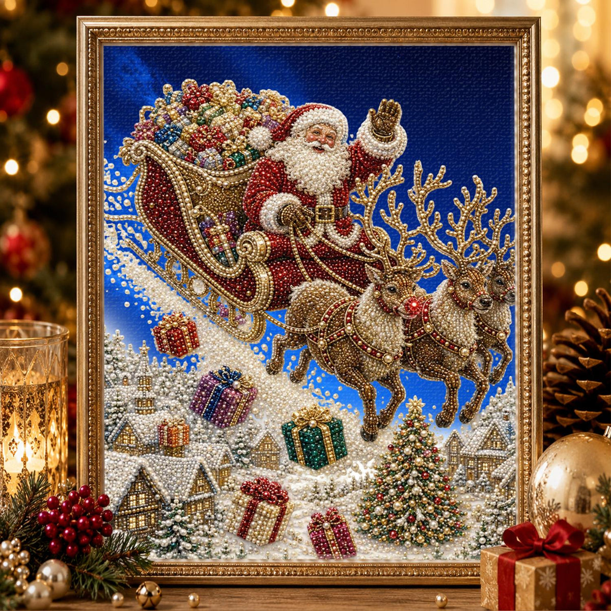 Santa's Sleigh Over the Rooftops pearl painting – image 2