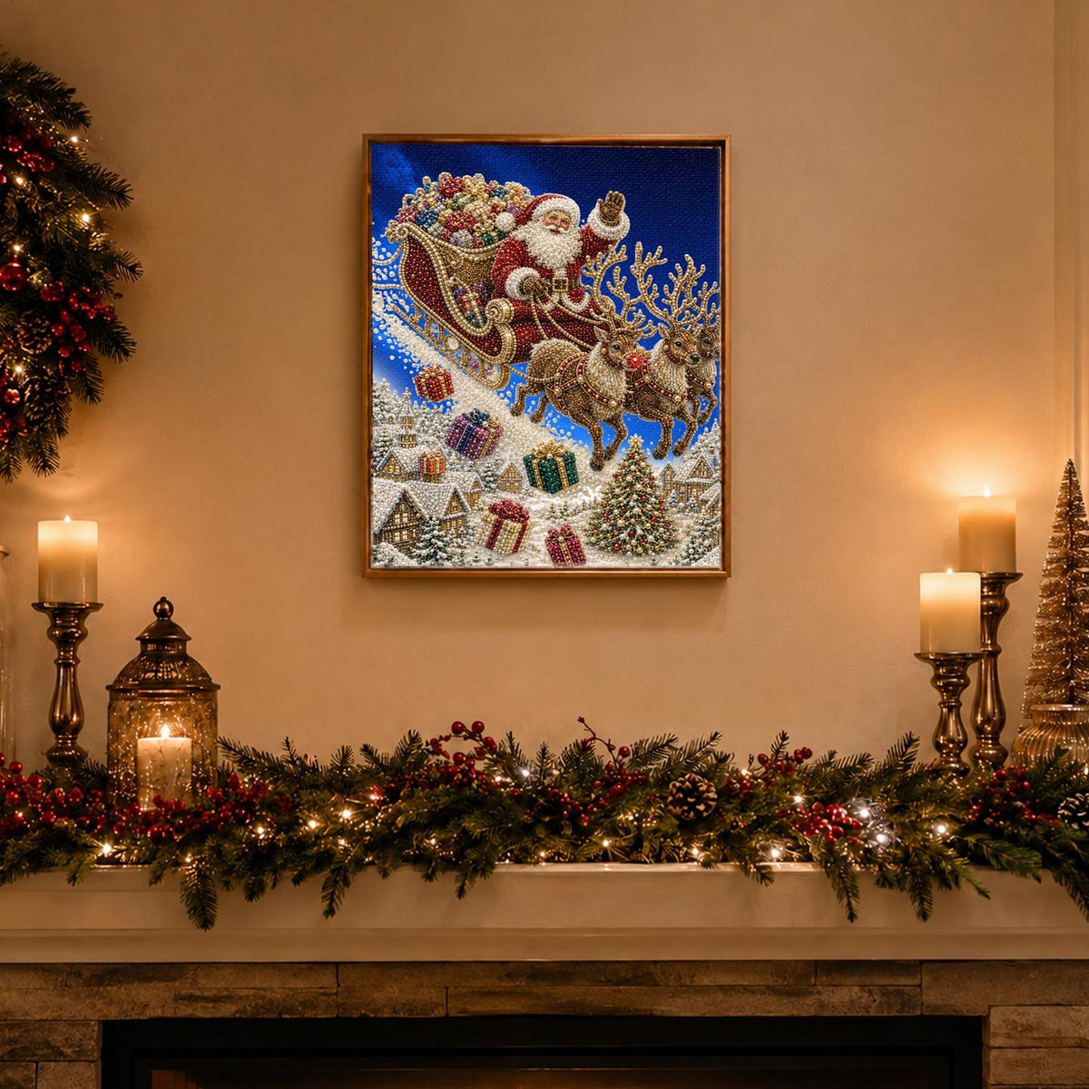 Santa's Sleigh Over the Rooftops pearl painting – image 3