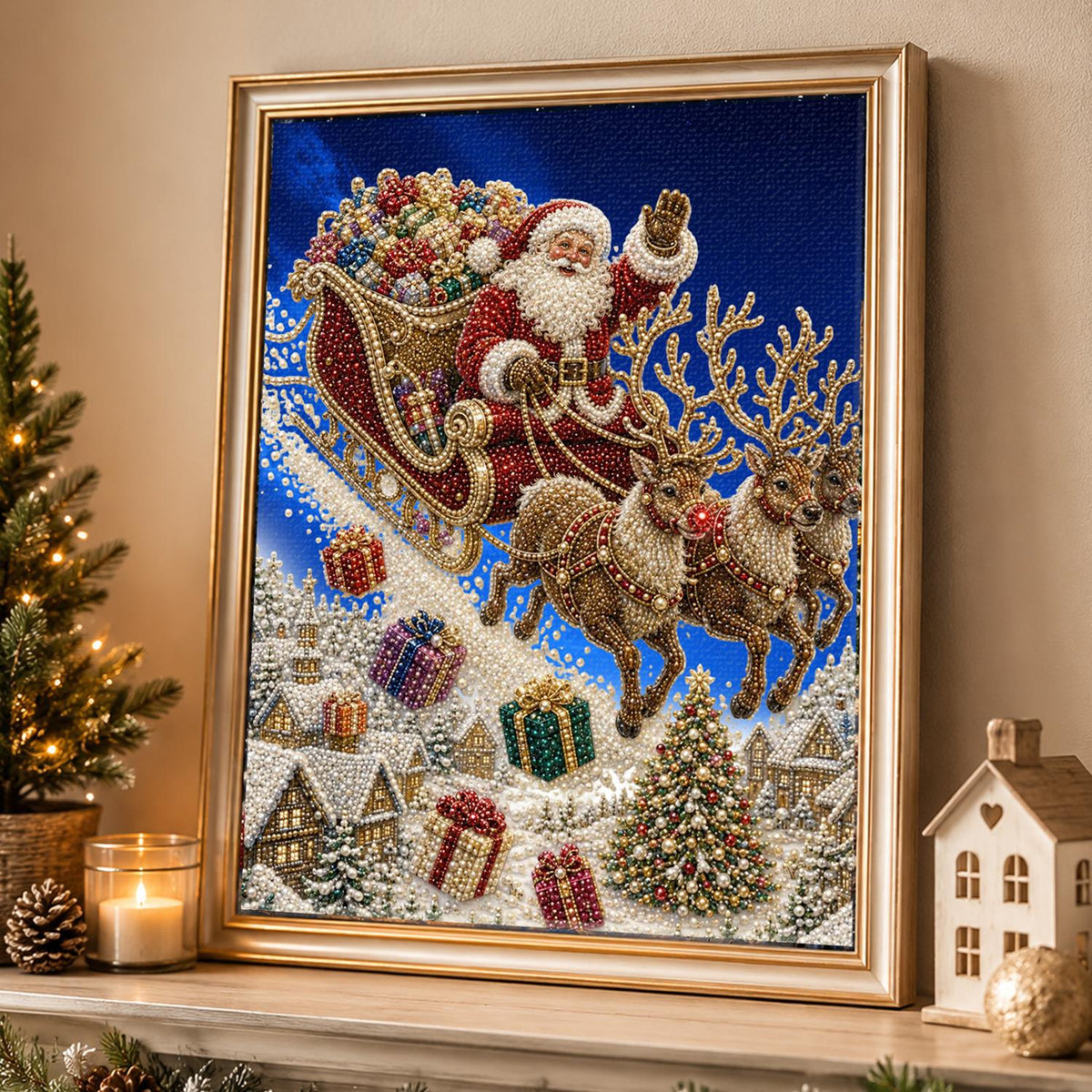 Santa's Sleigh Over the Rooftops pearl painting – image 4