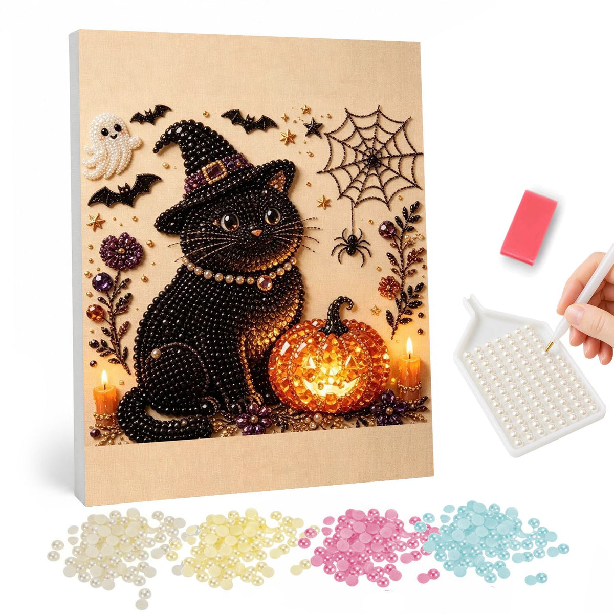 Witch-Hat Cat and Glowing Pumpkin pearl painting – Black cat in a witch hat and beaded collar beside a glowing jack-o'-lantern, candles, bats and a web