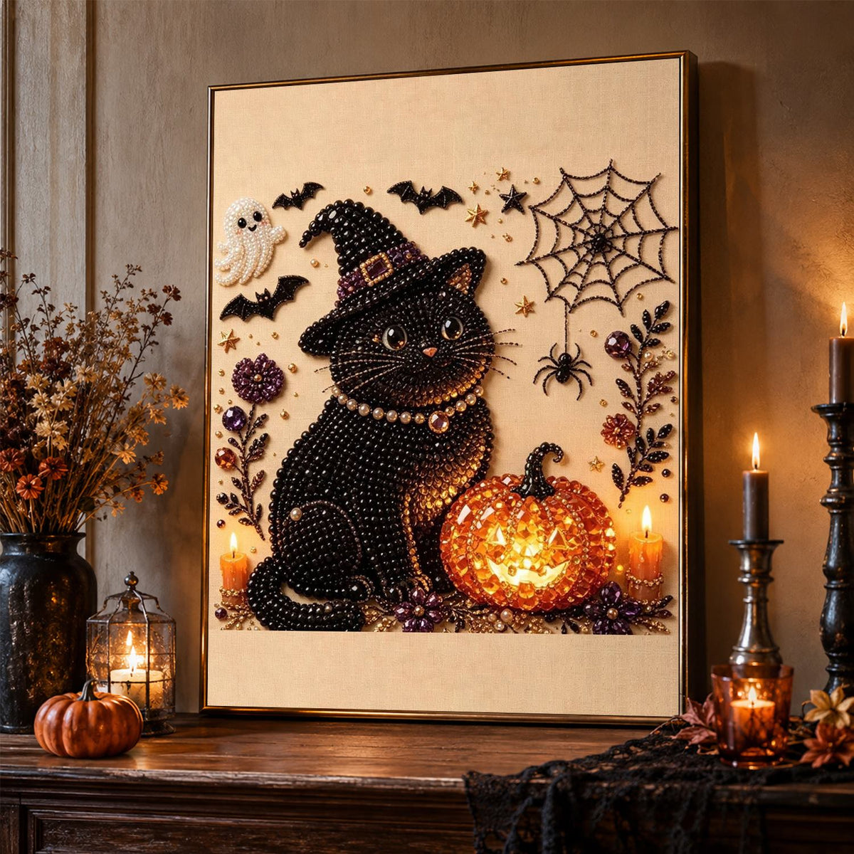 Witch-Hat Cat and Glowing Pumpkin pearl painting – image 2