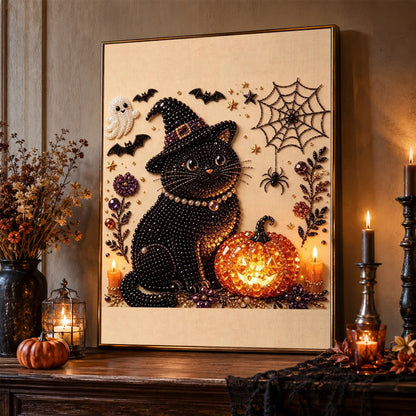 Witch-Hat Cat and Glowing Pumpkin pearl painting – image 2