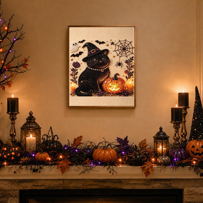 Witch-Hat Cat and Glowing Pumpkin pearl painting – image 3