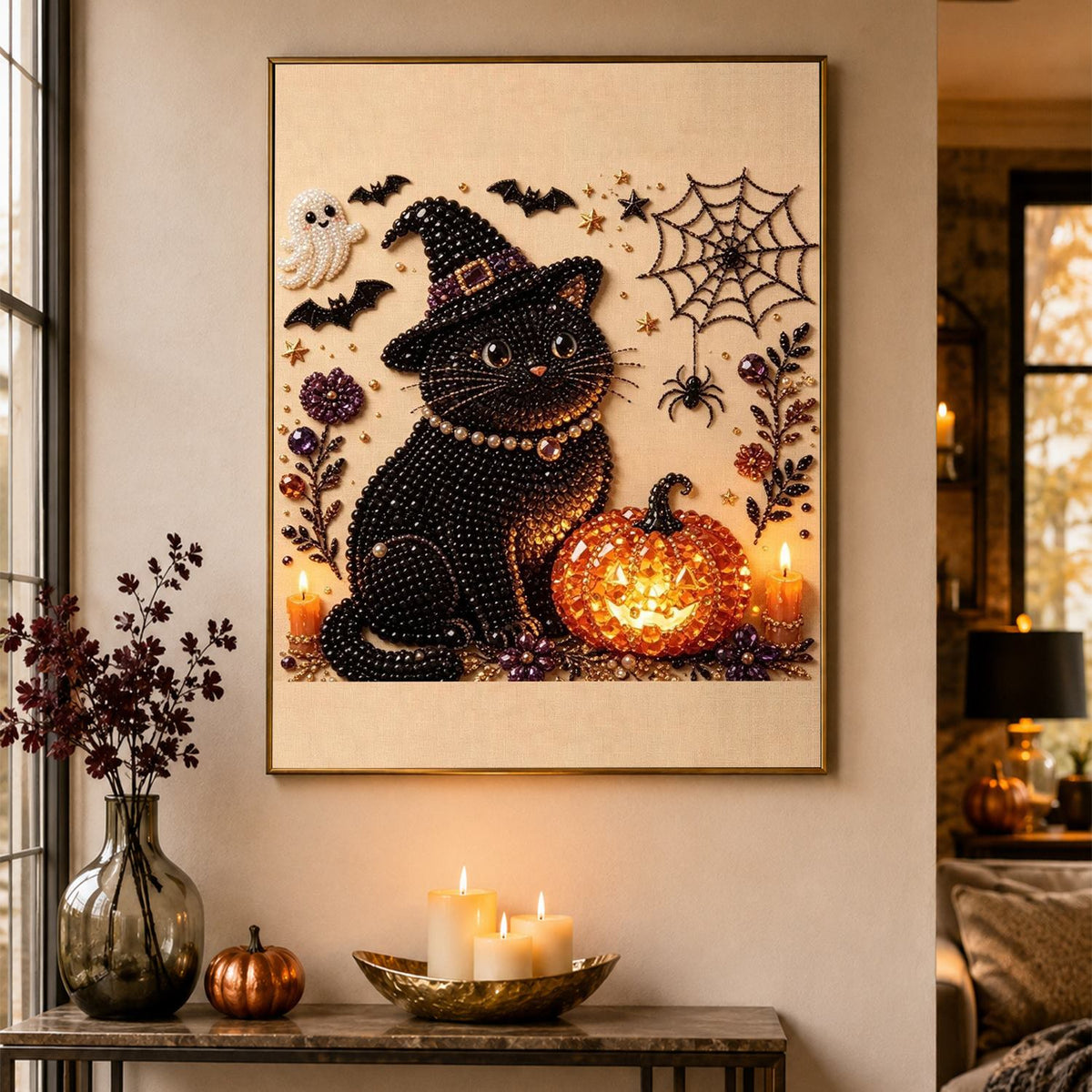 Witch-Hat Cat and Glowing Pumpkin pearl painting – image 4
