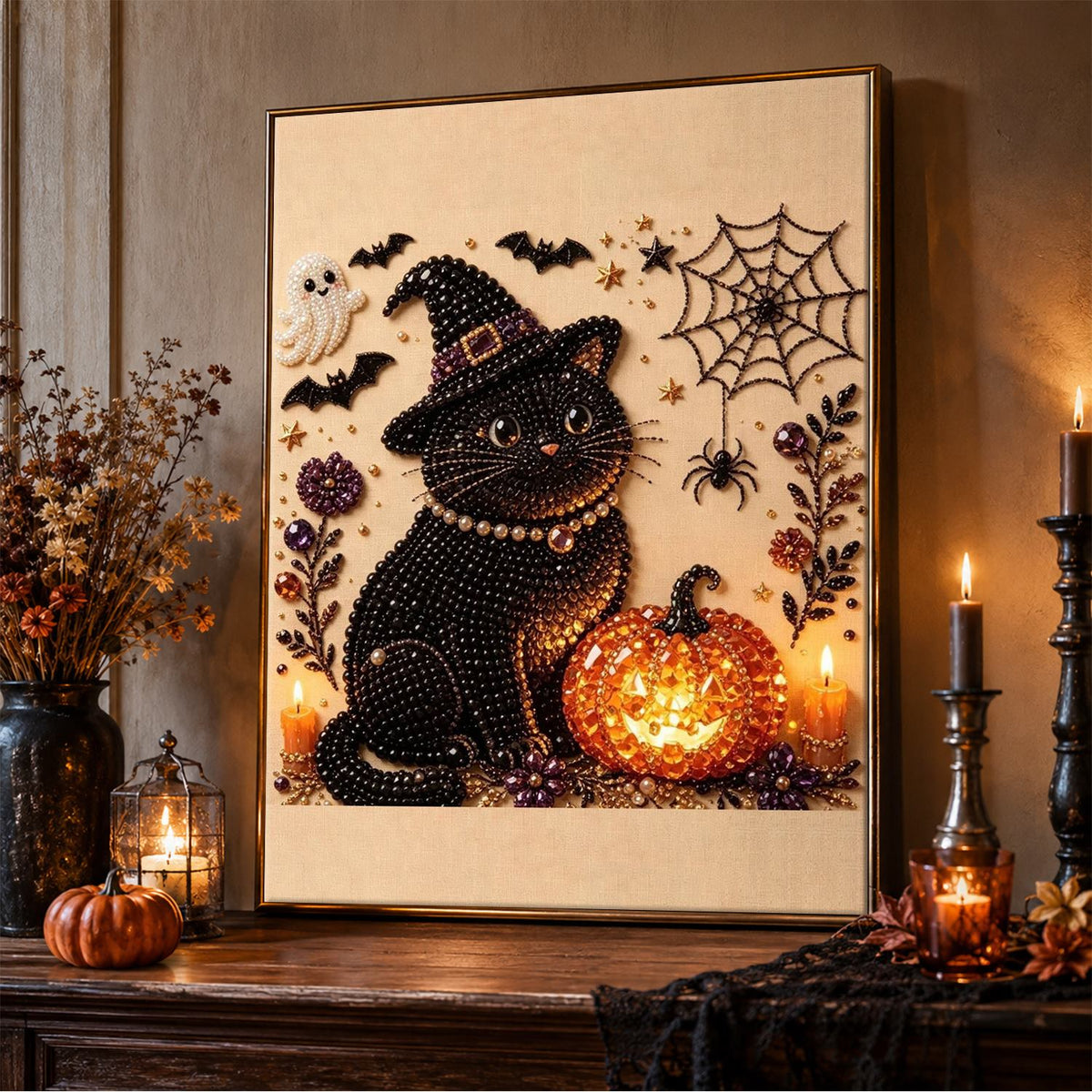 Witch-Hat Cat and Glowing Pumpkin pearl painting – image 5