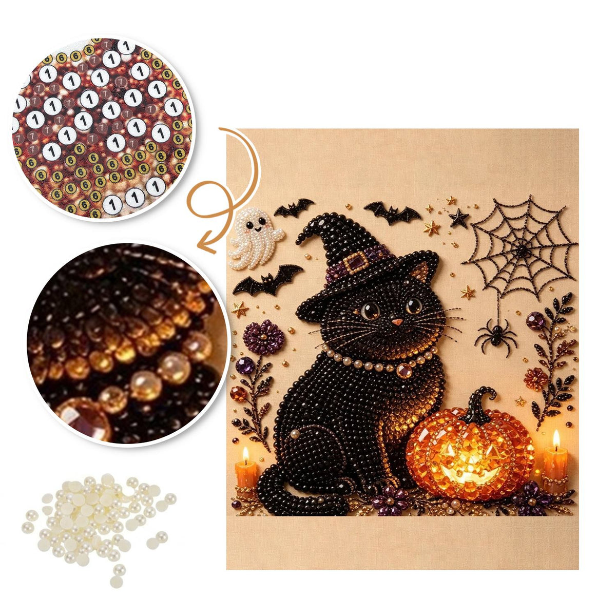 Witch-Hat Cat and Glowing Pumpkin pearl painting – image 6