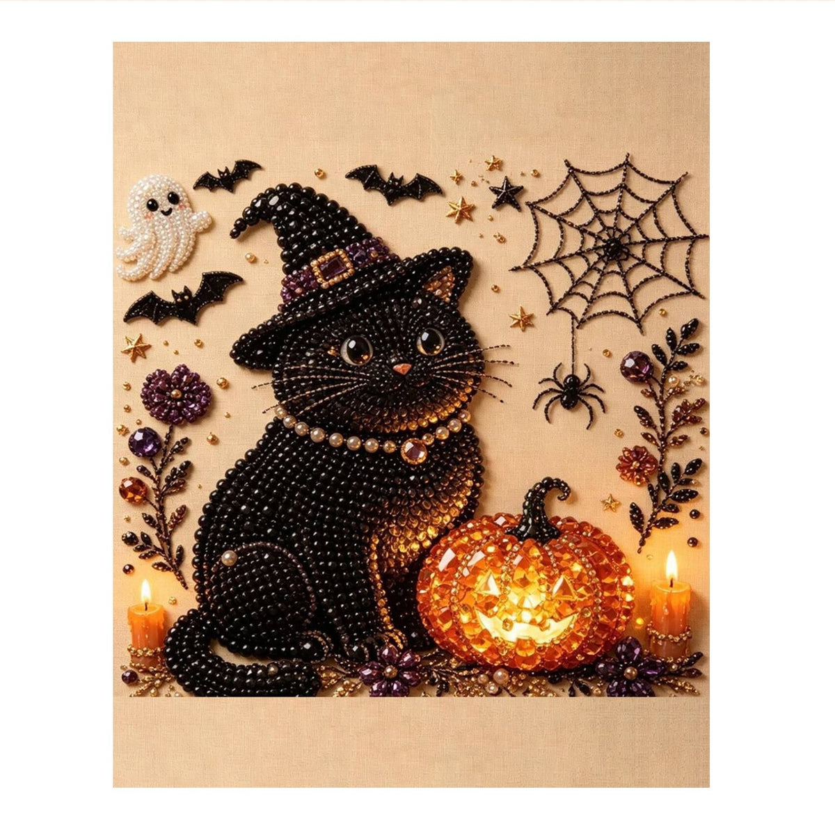 Witch-Hat Cat and Glowing Pumpkin pearl painting – image 11