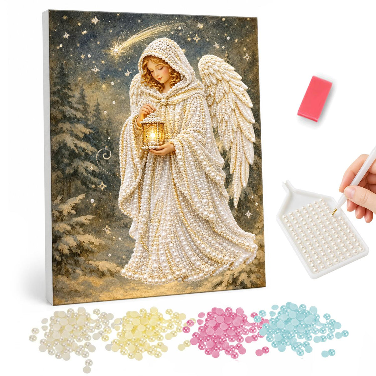 Lantern Angel in Snowy Woods pearl painting – Hooded angel in a white cloak holding a glowing lantern in a snowy pine forest under a shooting star