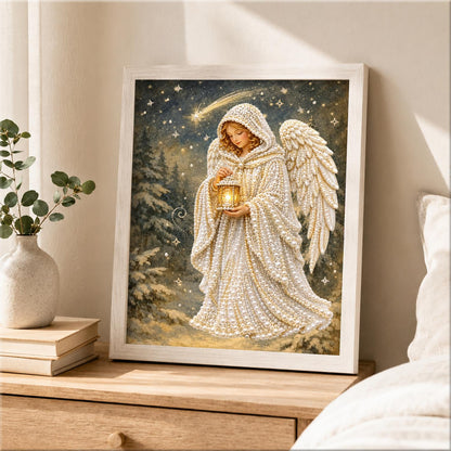 Lantern Angel in Snowy Woods pearl painting – image 2