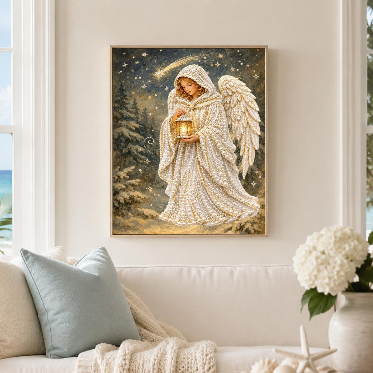 Lantern Angel in Snowy Woods pearl painting – image 3