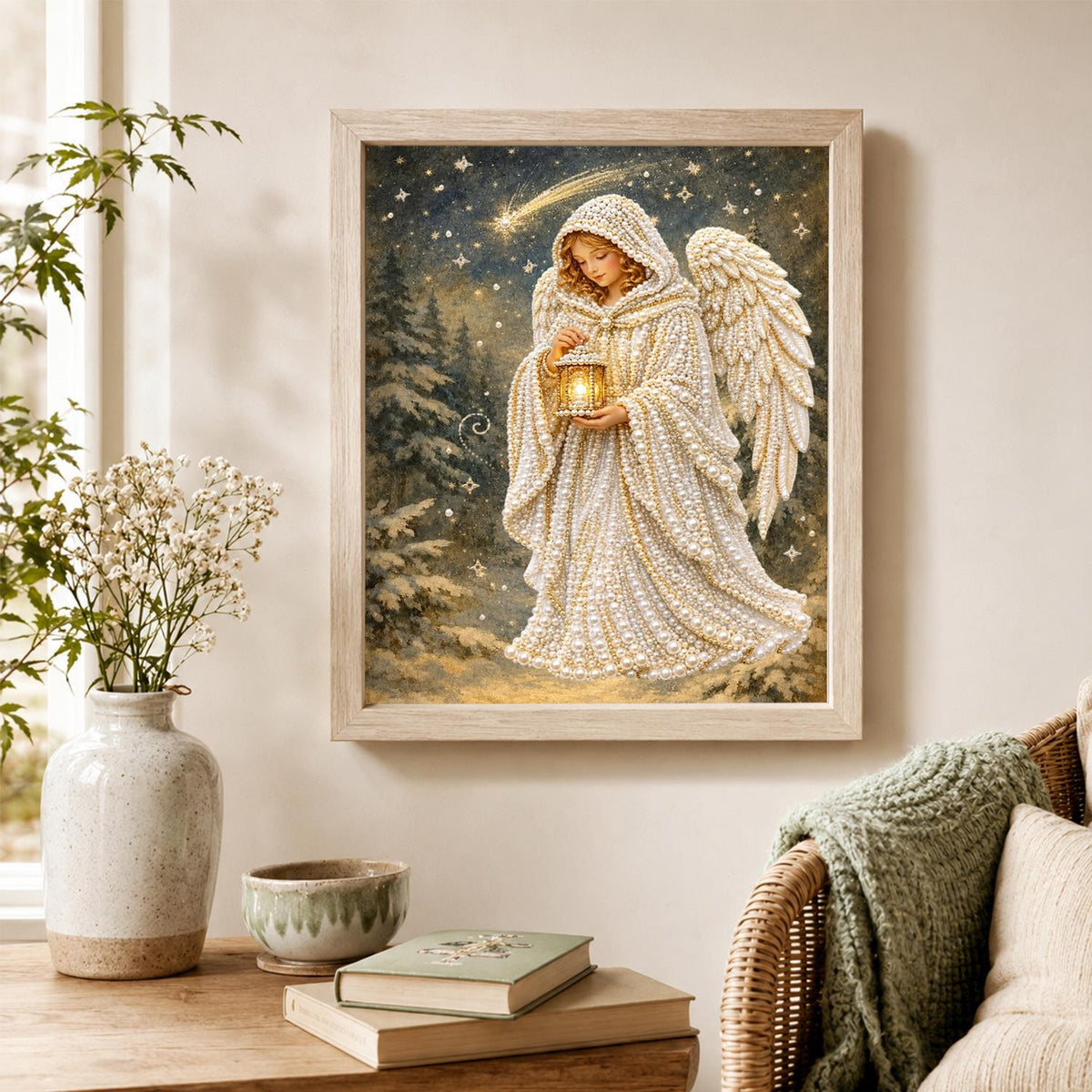 Lantern Angel in Snowy Woods pearl painting – image 4