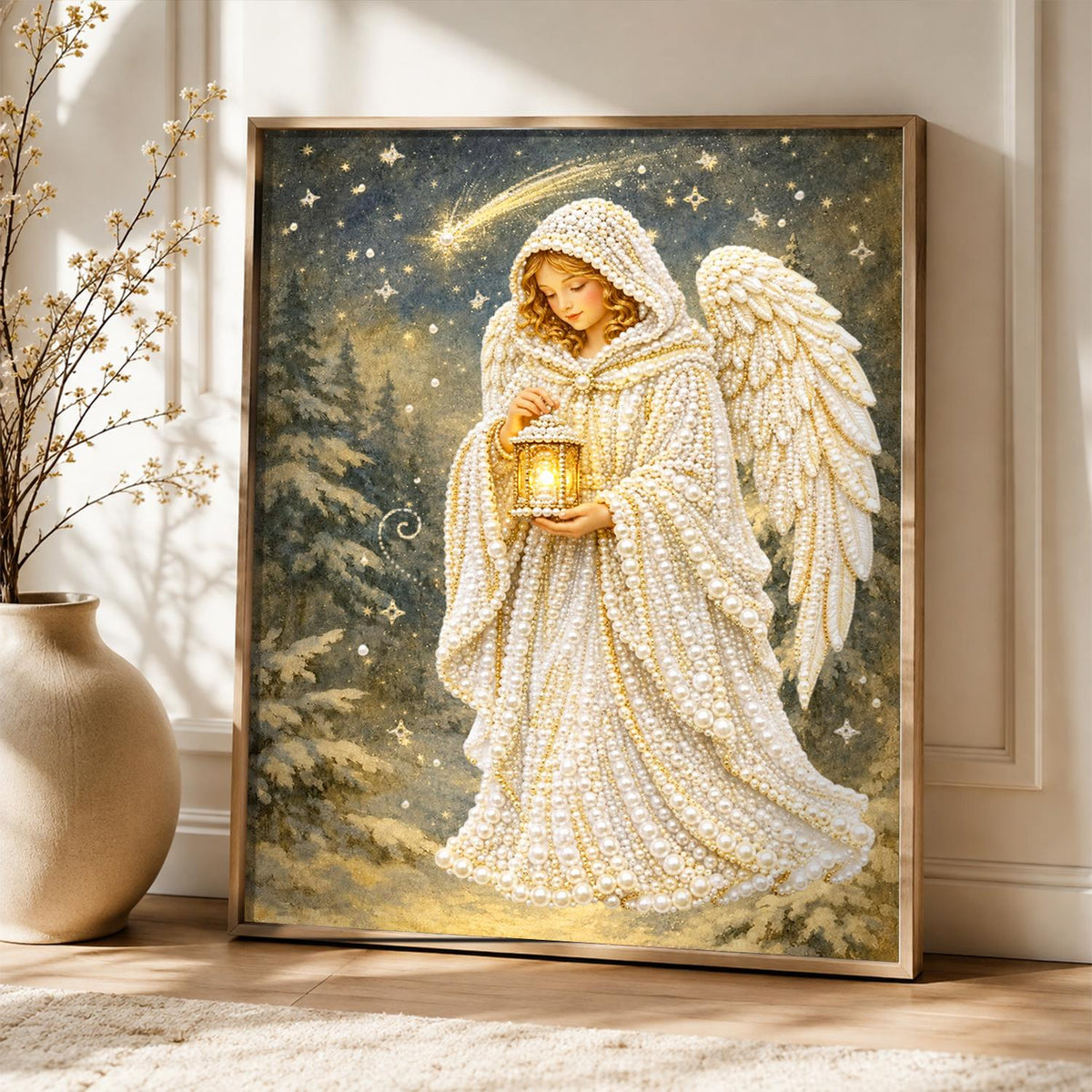 Lantern Angel in Snowy Woods pearl painting – image 5