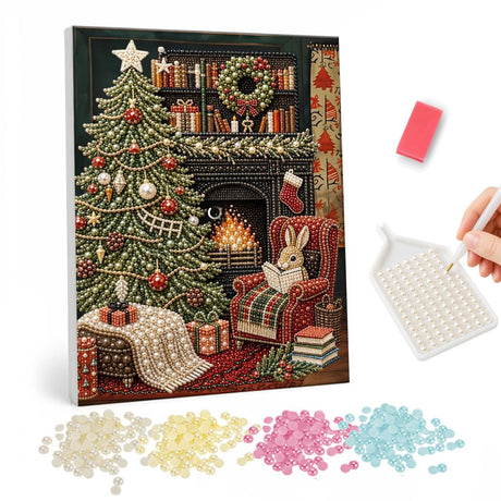 Bunny Reading by the Fireside pearl painting – Rabbit reading a book in a plaid armchair by a fireplace, with a Christmas tree and bookshelves