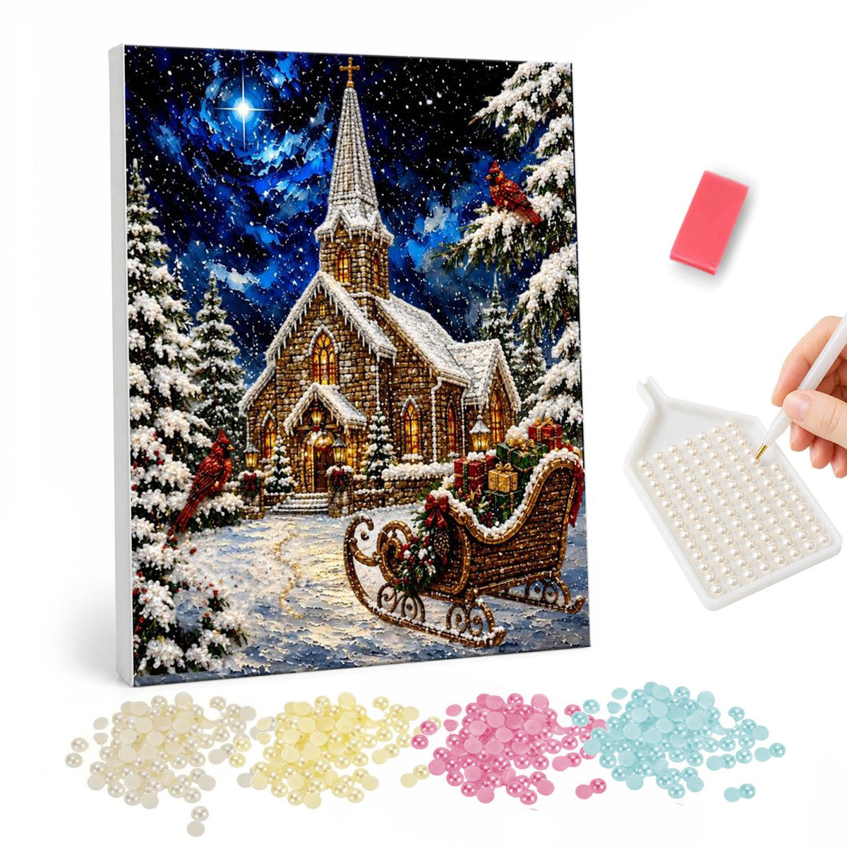 Stone Church and Waiting Sleigh pearl painting – Stone church with glowing windows at night, a sleigh and red cardinals in the snowy foreground