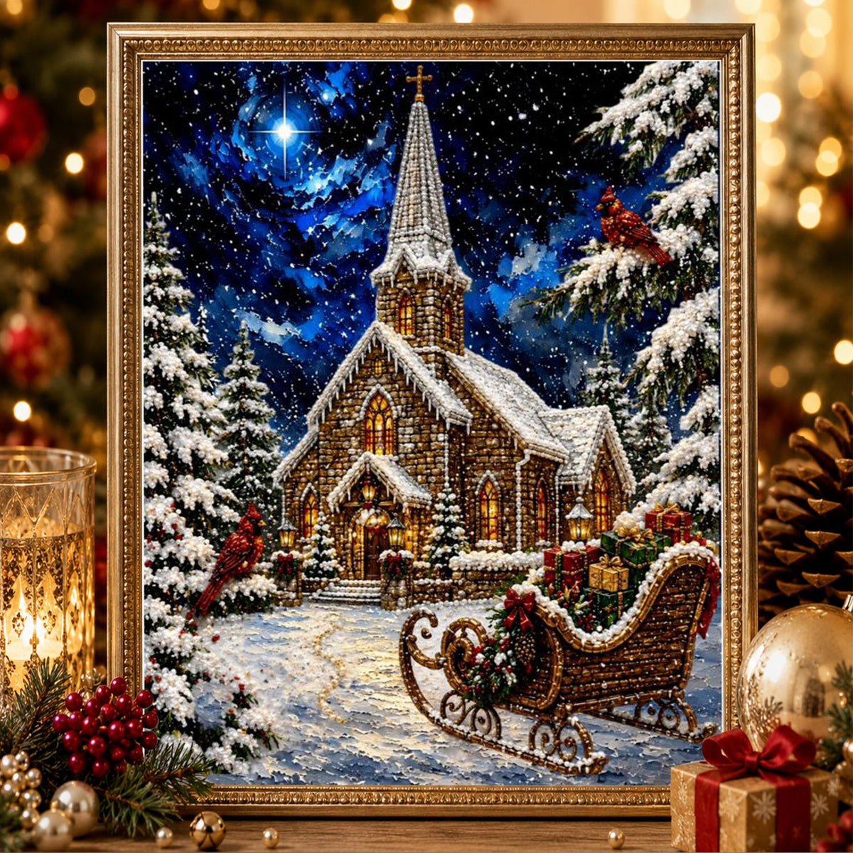 Stone Church and Waiting Sleigh pearl painting – image 2