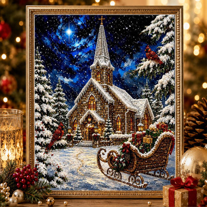 Stone Church and Waiting Sleigh pearl painting – image 2