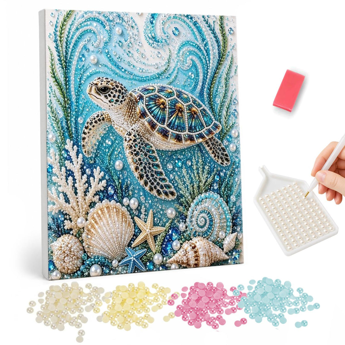 Sea Turtle and Seashell Reef pearl painting – Sea turtle swimming over seashells, starfish and white coral in swirling turquoise water