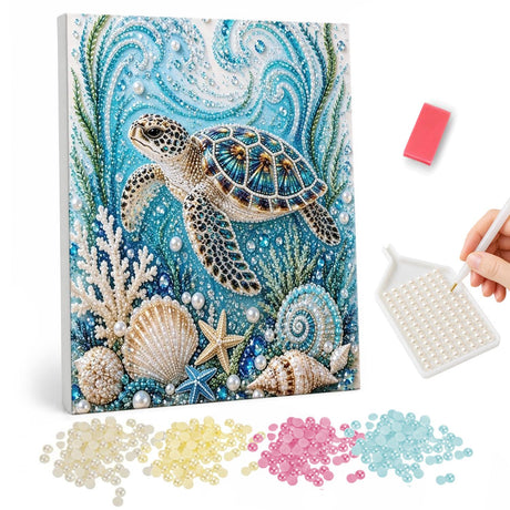 Sea Turtle and Seashell Reef pearl painting – Sea turtle swimming over seashells, starfish and white coral in swirling turquoise water