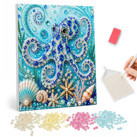 Swirling Sapphire Octopus pearl painting – Blue octopus with curling tentacles above seashells and starfish on a turquoise sea floor