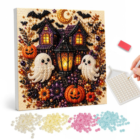 Purple Haunted House and Ghosts pearl painting – Purple haunted house with lit windows above two cheerful ghosts, a lantern, pumpkins, bats and a moon