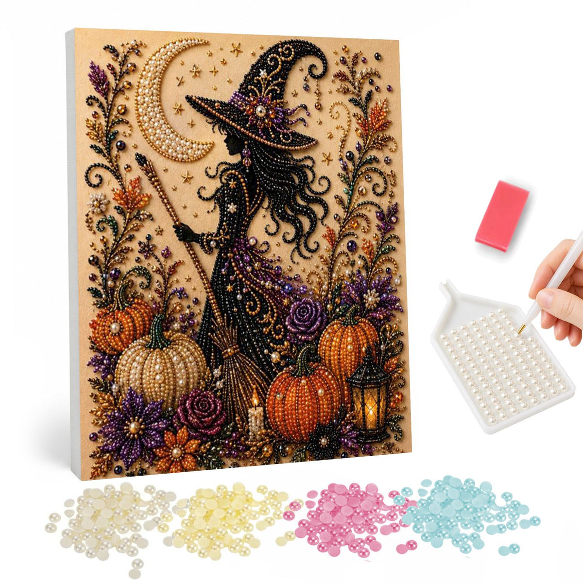 Witch Silhouette by the Moon pearl painting – Black silhouette of a long-haired witch with a broom among pumpkins, purple flowers and a crescent moon