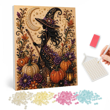 Witch Silhouette by the Moon pearl painting – Black silhouette of a long-haired witch with a broom among pumpkins, purple flowers and a crescent moon
