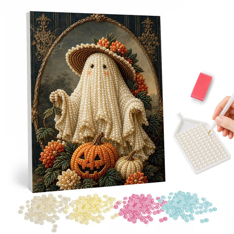 Ghost in a Flower-Trimmed Hat pearl painting – Draped ghost wearing a wide straw hat trimmed with orange flowers, sitting with pumpkins in an oval frame